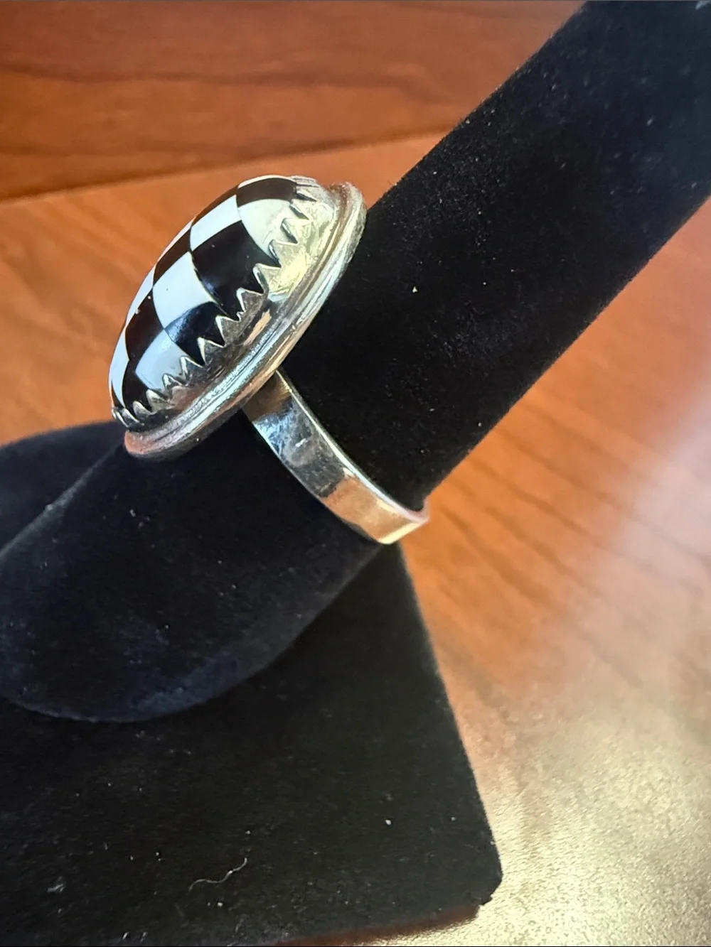 New 925 Sterling Silver Stone Inlay Black Onyx & White Checkered Oval Ring